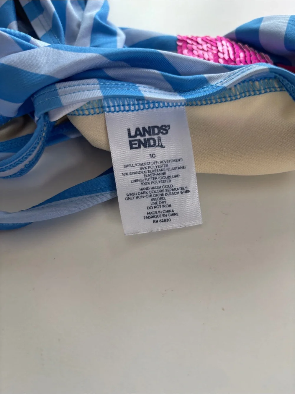 Lands' End Blue Striped One-Piece Swimsuit with Pink Sequin Stars -709sku